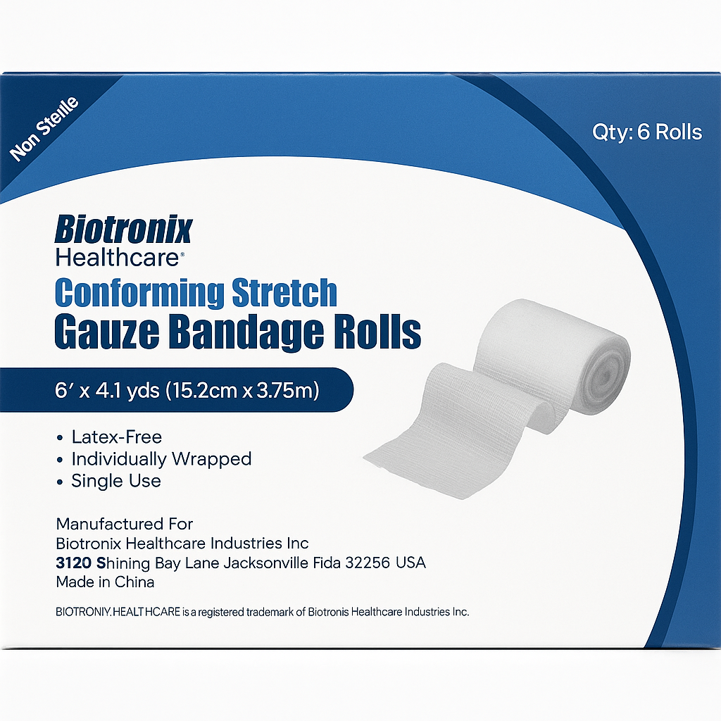 Rollos de Gasa Elástica Biotronix 6” x 4.1yds – Caja de 6 unidades