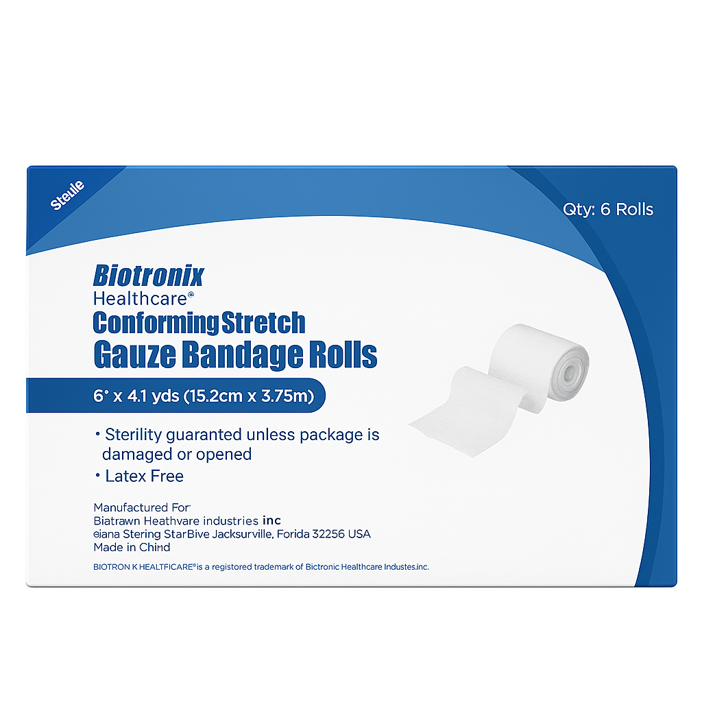 Rollos de Gasa Estéril Biotronix 6” x 4.1yds – Caja de 6 unidades