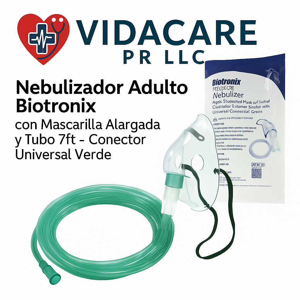 Nebulizador Adulto Biotronix con Mascarilla Alargada y Tubo 7ft – Conector Universal Verde