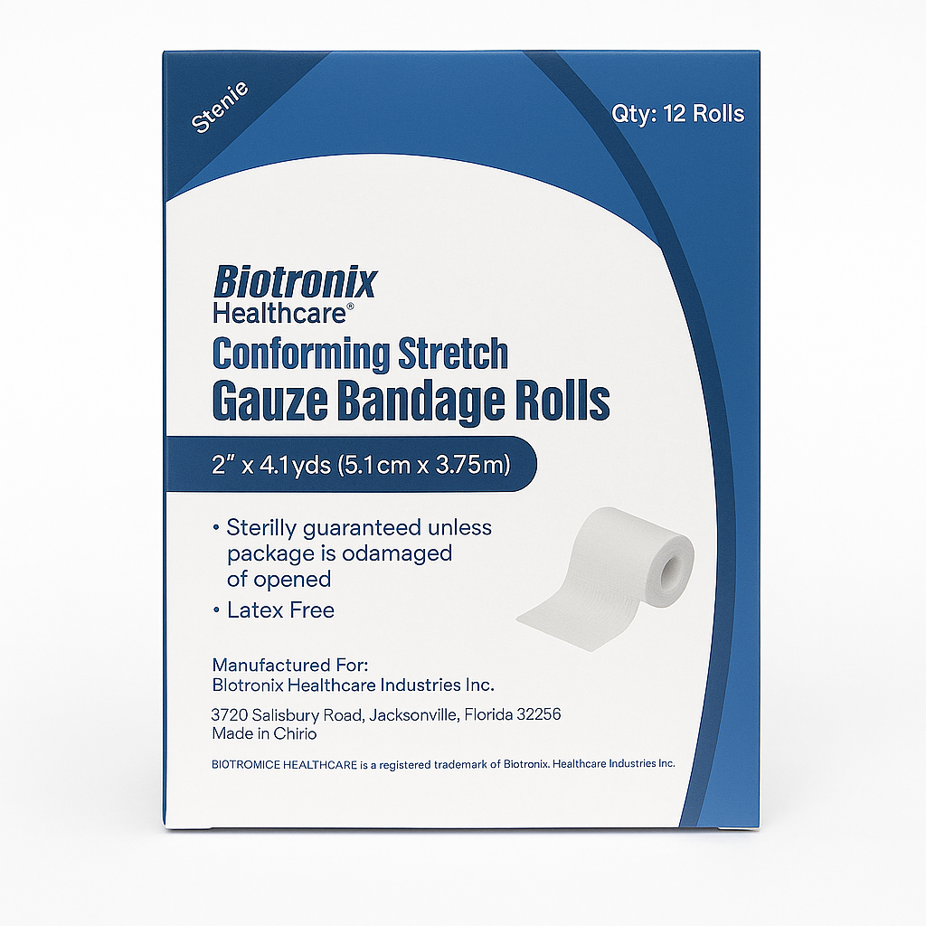 Rollos de Gasa Estéril Biotronix 2” x 4.1yds – Caja de 12 unidades