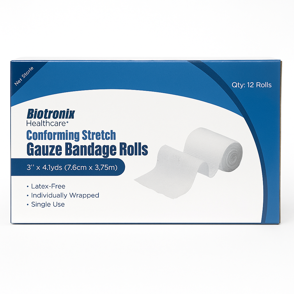 Rollos de Gasa Elástica Biotronix 3” x 4.1yds – Caja de 12 unidades