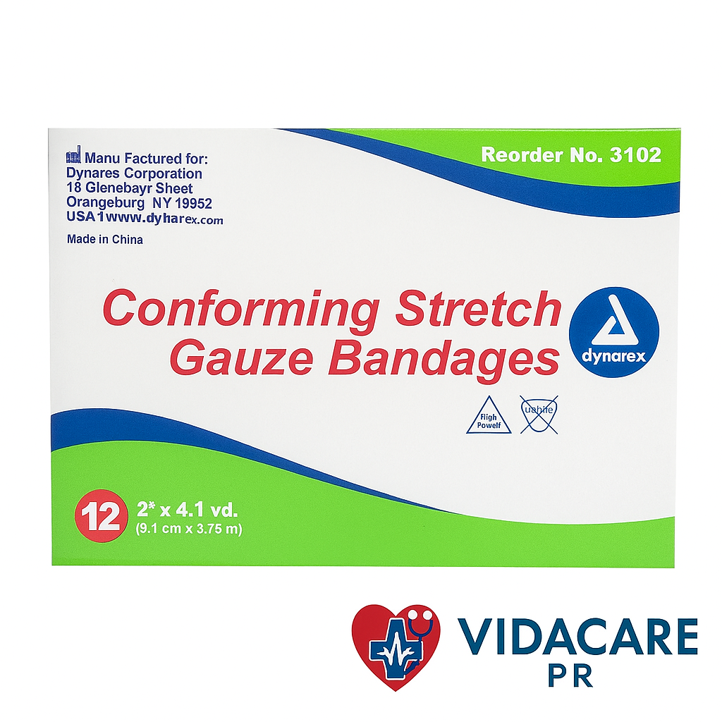 Nombre (Shopify): Dynarex Conforming Stretch Gauze Bandage – 2″ × 4.1 yds, No Estéril, Caja de 12 rollos