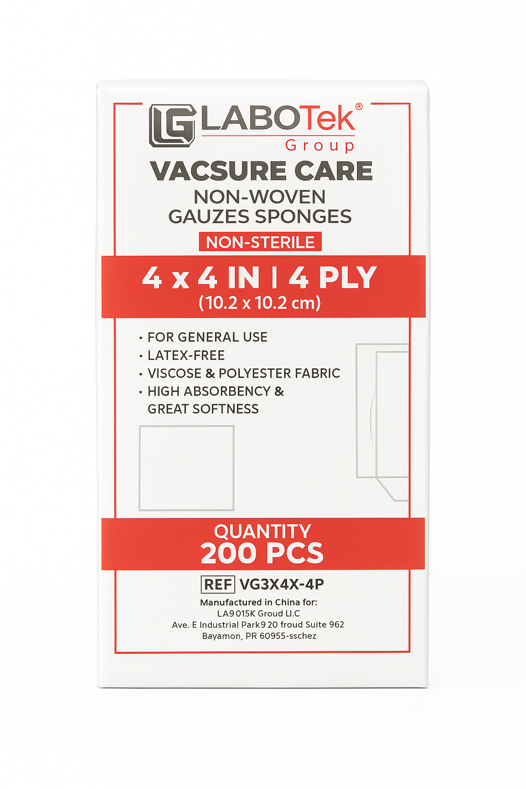 Gazas No Tejidas LABOTek Vacsure Care 4” x 4” – 200 unidades (4 capas)