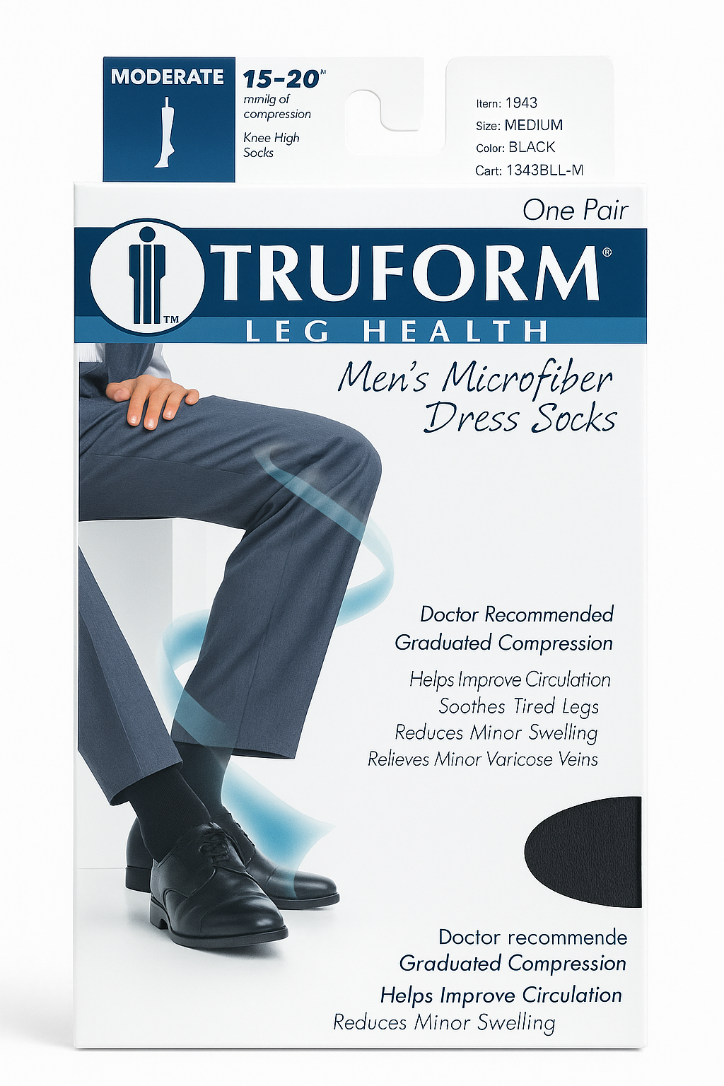 Truform Men’s Microfiber Dress Socks 15–20 mmHg (Moderate Compression) – Black, Medium