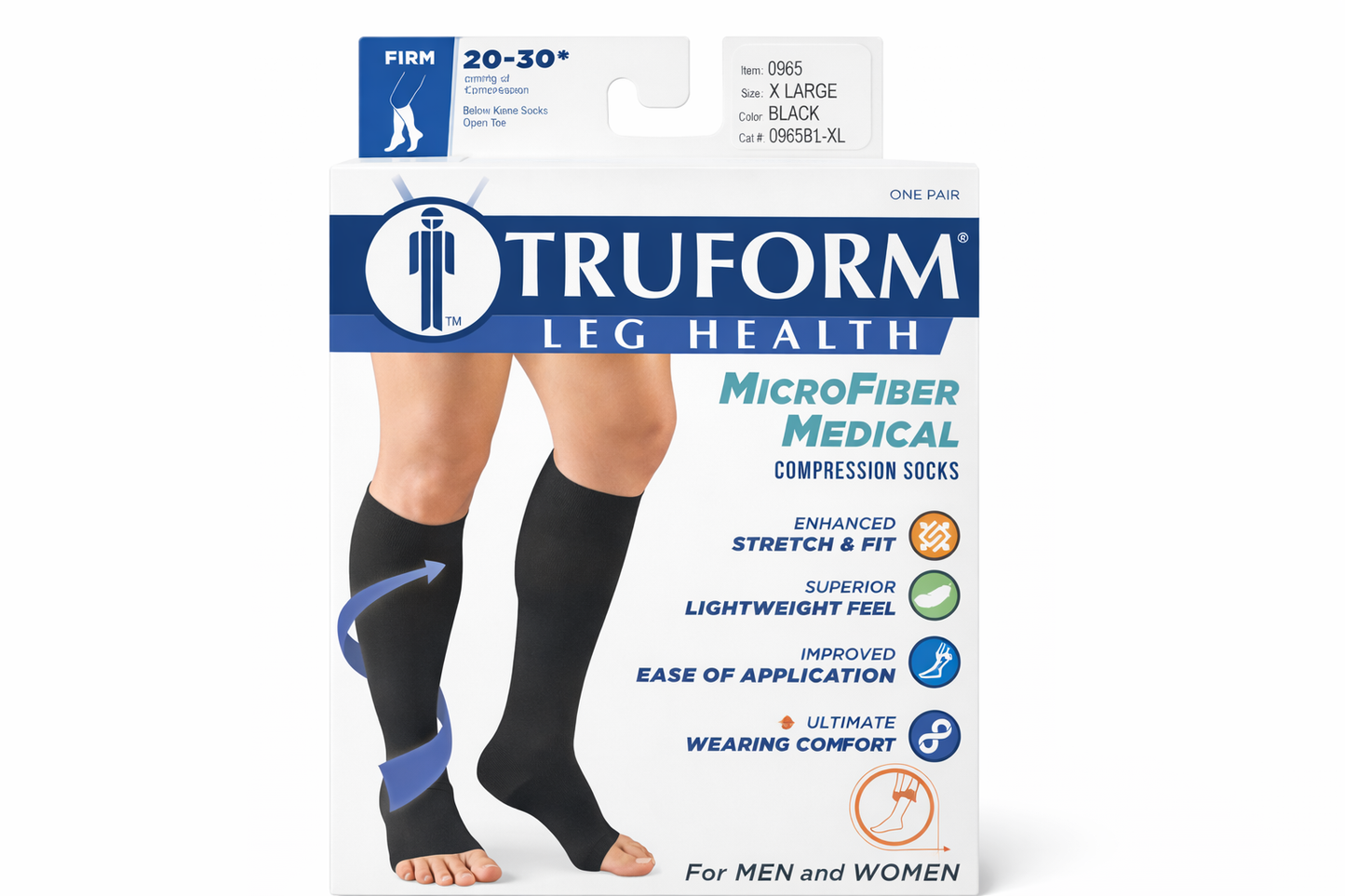 Truform MicroFiber Medical – Medias de Compresión 20-30 mmHg Bajo la Rodilla, Punta Abierta, Negras (Un Par)