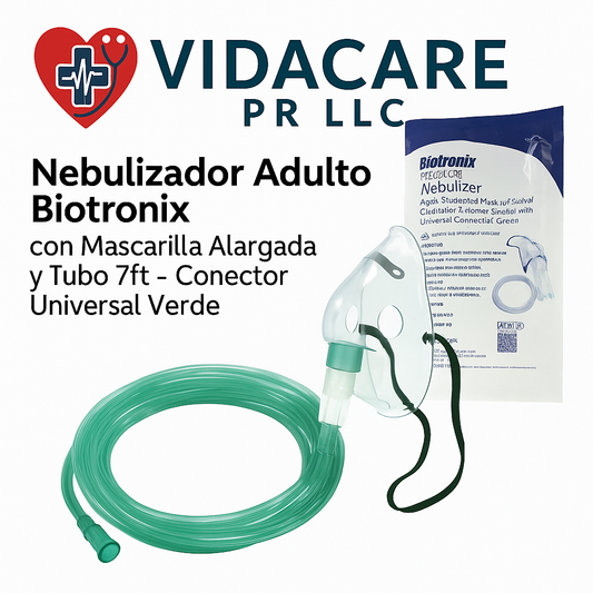 Nebulizador Adulto Biotronix con Mascarilla Alargada y Tubo 7ft – Conector Universal Verde