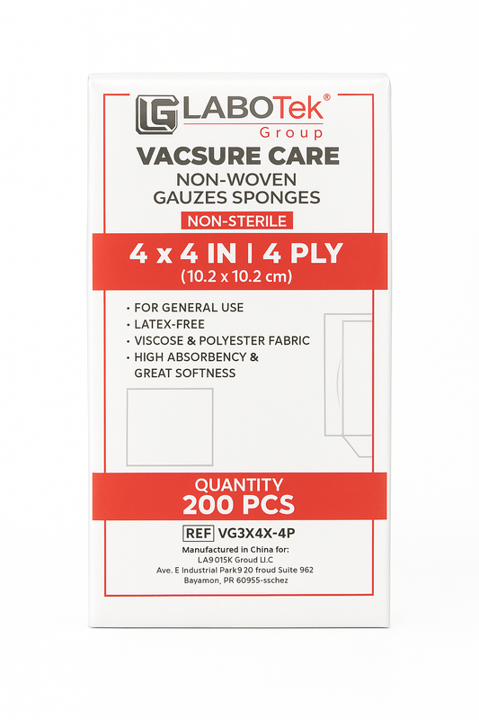 Gazas No Tejidas LABOTek Vacsure Care 4” x 4” – 200 unidades (4 capas)