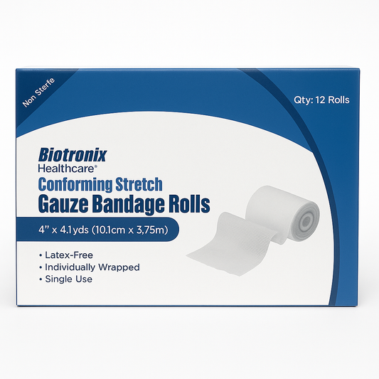 'Rollos de Gasa Elástica Biotronix 4” x 4.1yds – Caja de 12 unidades