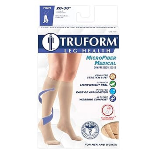 TRUFORM Medias de Compresión 20-30 mmHg hasta la Rodilla – Punta Cerrada, Microfibra Beige (Talla L)
