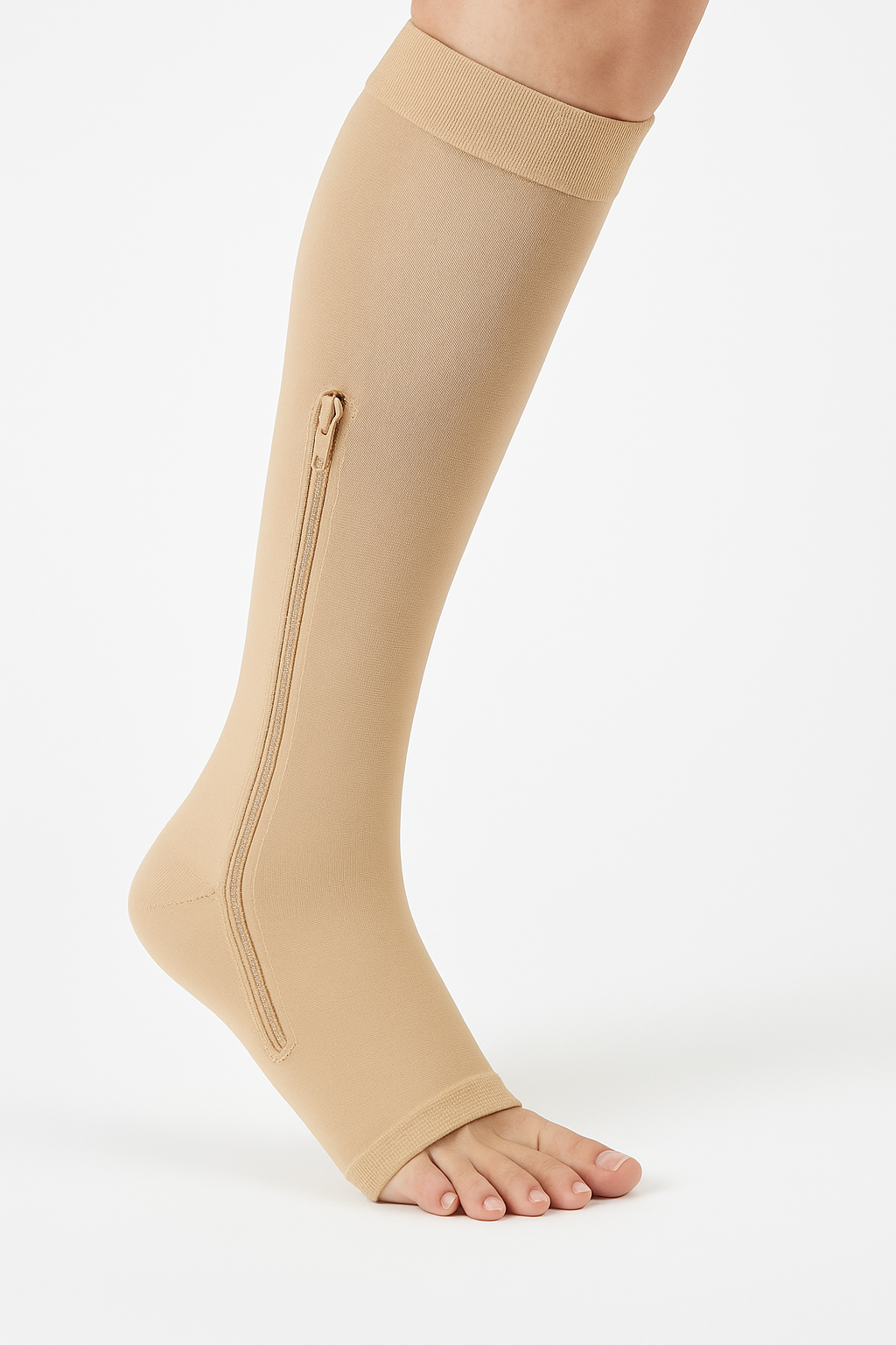 Truform Medias de Compresión con Cremallera 15-20 mmHg – Punta Abierta, Altas a la Rodilla Color Beige —- SMALL