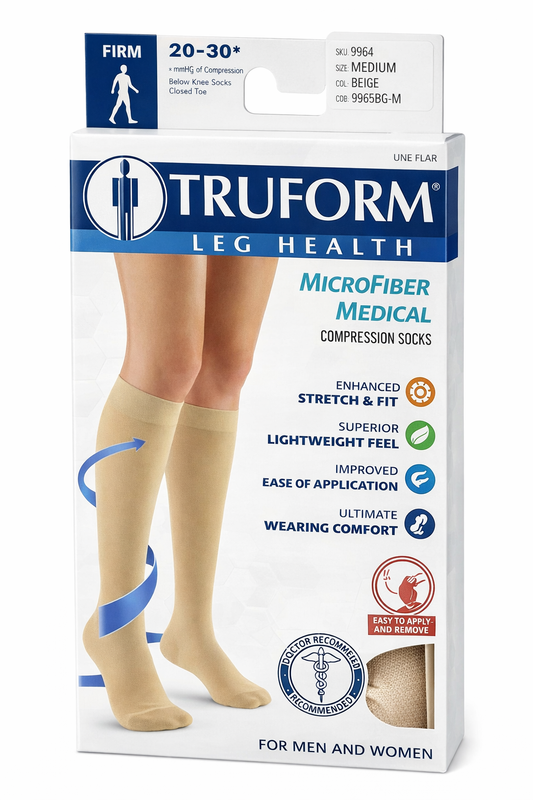Truform Microfiber Medical Compression Socks 20–30 mmHg – Debajo de la Rodilla, Punta Cerrada, Beige (Medium)